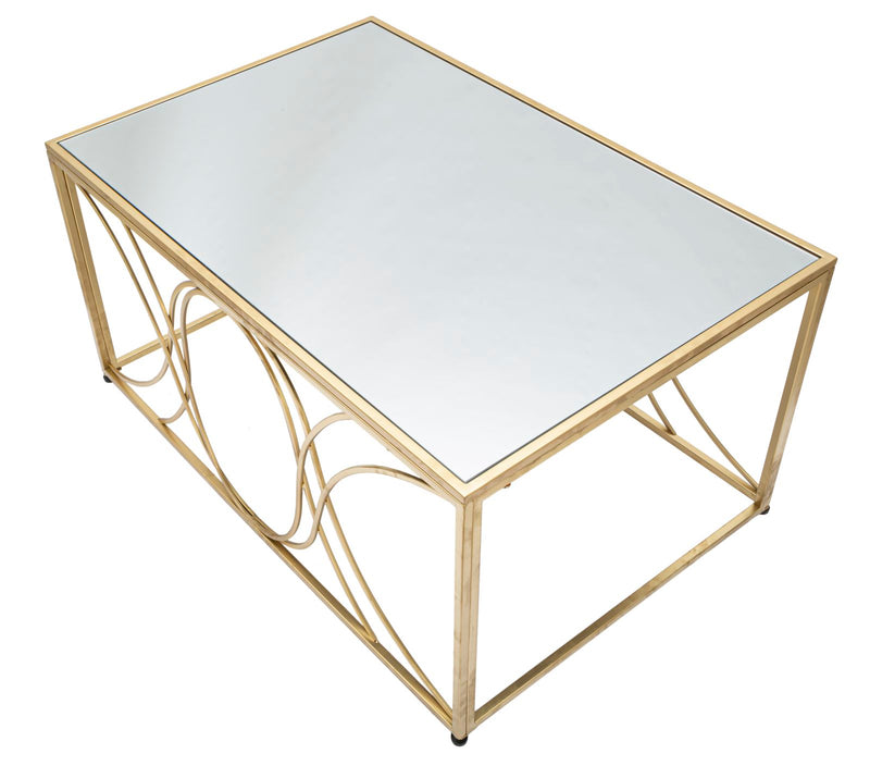 Tavolino da salotto design base in metallo dorato piano con specchio cm 90x60x45h