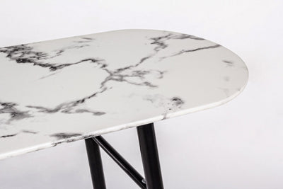 Consolle design ovale piano in vetro effetto marmo gambe in metallo nero cm 135x40x80h