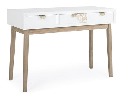 Consolle da ingresso con 3 cassetti in legno bianco e naturale decoro con foglie cm 110x40x78h