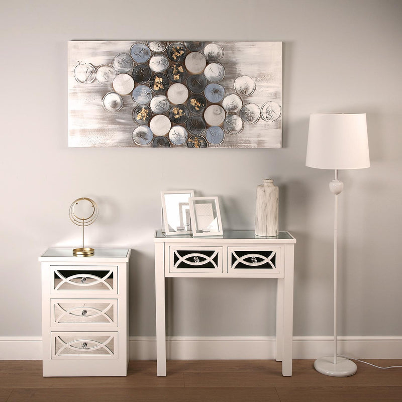 Consolle design moderno in legno bianco cassetti decorati  cm 78x25x78h