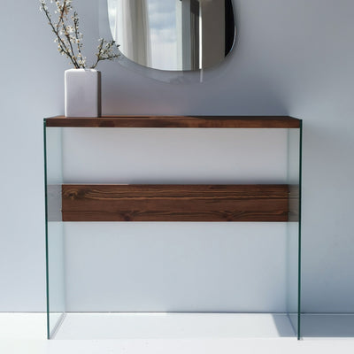 Consolle per ingresso moderna con ripiano in massello e gambe in vetro cm 91x37x80h