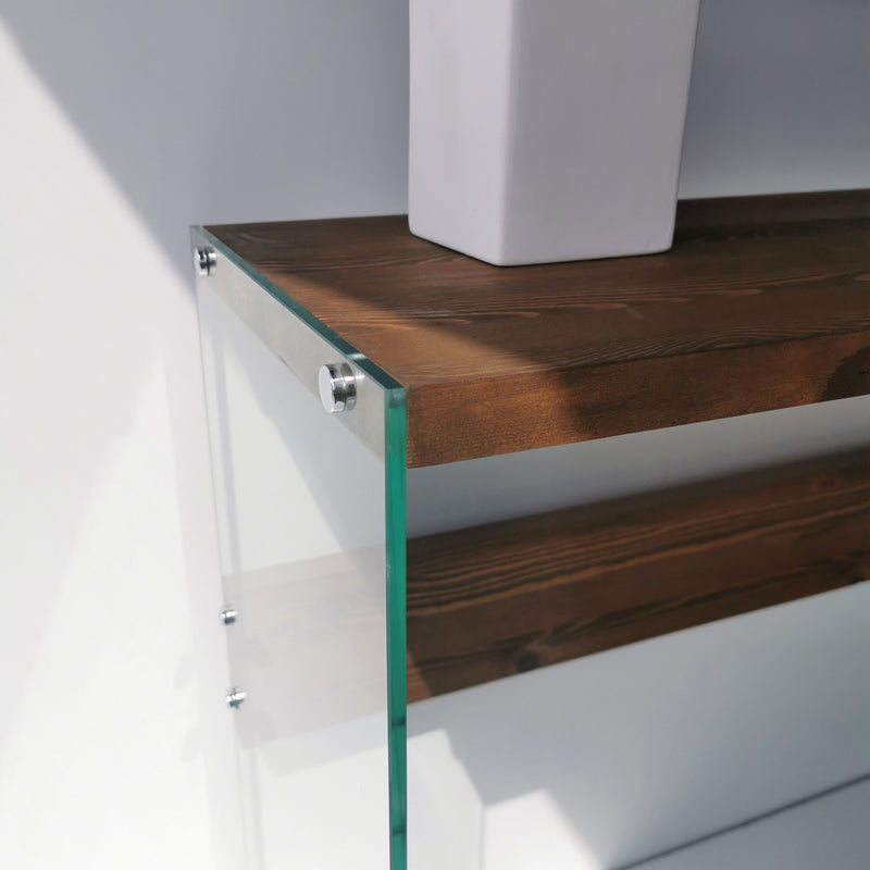 Consolle per ingresso moderna con ripiano in massello e gambe in vetro cm 91x37x80h