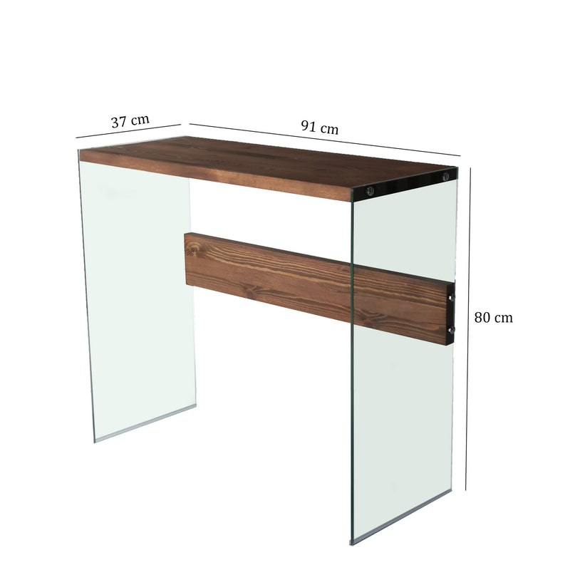 Consolle per ingresso moderna con ripiano in massello e gambe in vetro cm 91x37x80h