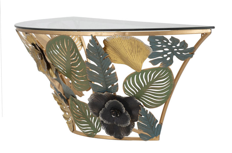 Consolle da ingresso sospesa semicircolare in metallo e piano in vetro cm 120x40x37h