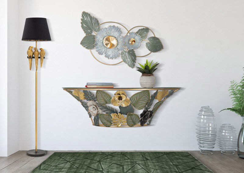 Consolle da ingresso sospesa semicircolare in metallo e piano in vetro cm 120x40x37h