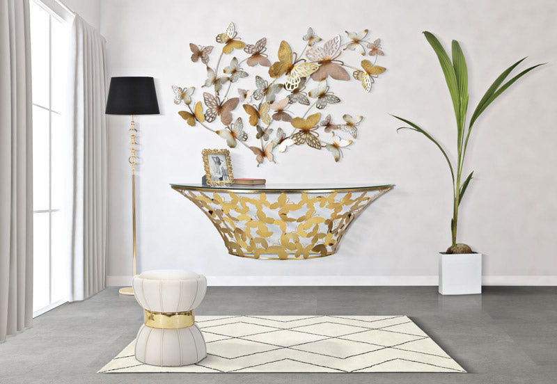 Consolle sospesa moderna in metallo dorato e vetro con farfalle cm 120x40x37h