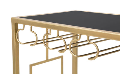 Consolle tavolino portabottiglie in metallo dorato e vetro nero cm 76x30x75h