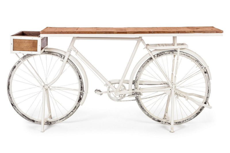 Tavolo industrial vintage modello bici in metallo bianco e legno cm 184x48x92h