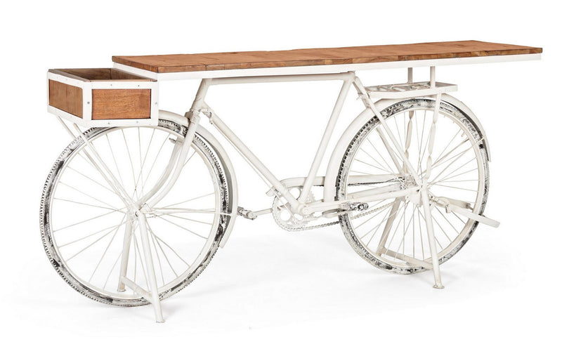 Tavolo industrial vintage modello bici in metallo bianco e legno cm 184x48x92h
