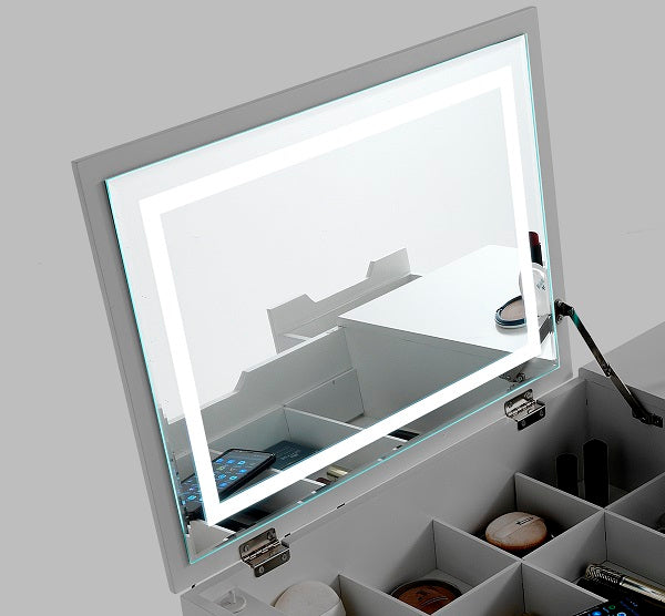Consolle toilette in legno massello colore noce e piano bianco con cassetto specchio e vani contenitori cm 80/94x35x78/113h