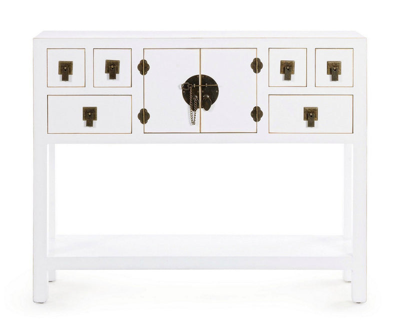 Consolle da ingresso in legno bianco bordino dorato cassetti e ante cm 94x24x78h