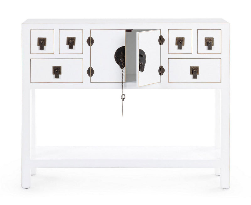 Consolle da ingresso in legno bianco bordino dorato cassetti e ante cm 94x24x78h