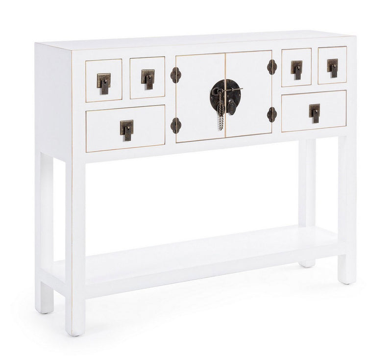 Consolle da ingresso in legno bianco bordino dorato cassetti e ante cm 94x24x78h
