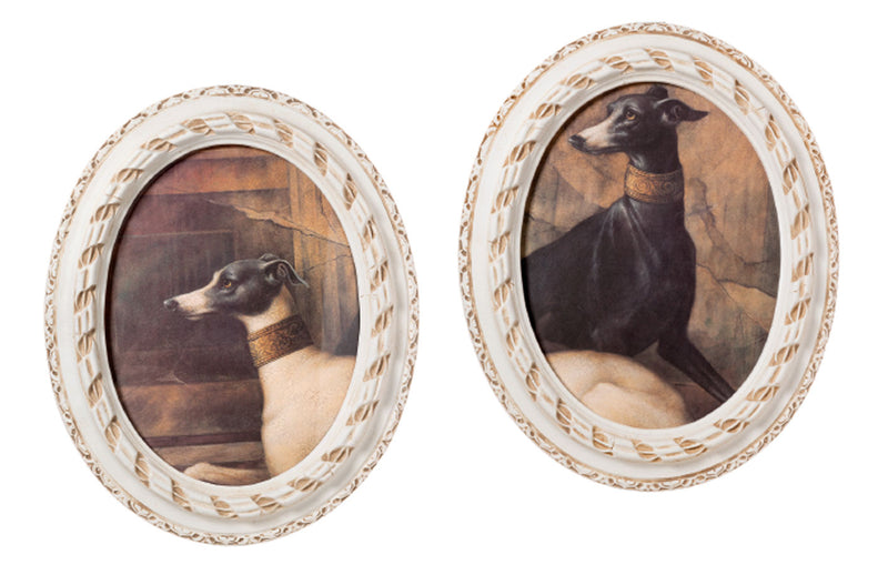 Set da 2 quadri ovali classici coppia cani stile shabby cm 43x4x52,5h