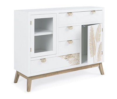 Credenza da soggiorno in legno bianco con anta e cassetti decoro con foglie cm 100x34x80h