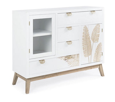 Credenza da soggiorno in legno bianco con anta e cassetti decoro con foglie cm 100x34x80h