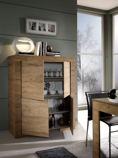 Novenia - Mobile 4 ante credenza alta country in legno rovere miele cm 119x51x140h