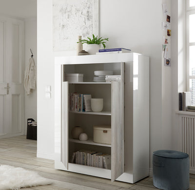 Frenide - Mobile salotto credenza alta 2 ante cemento e ossido cm 110x42x144h