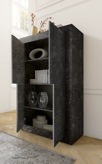 Diliana - Madia alta credenza 4 ante moderna in legno marmo nero cm 102x43x162h