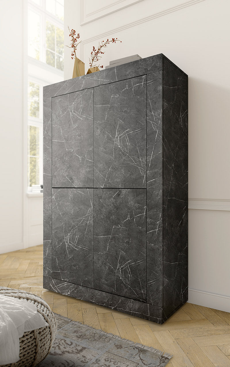 Diliana - Madia alta credenza 4 ante moderna in legno marmo nero cm 102x43x162h