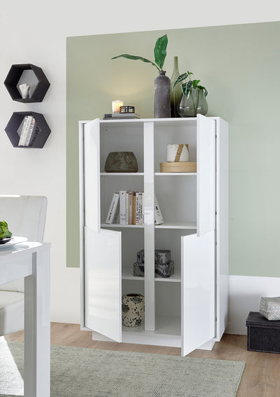 Denvir - Credenza 4 ante alta design moderno bianco lucido cm 92x43x145h