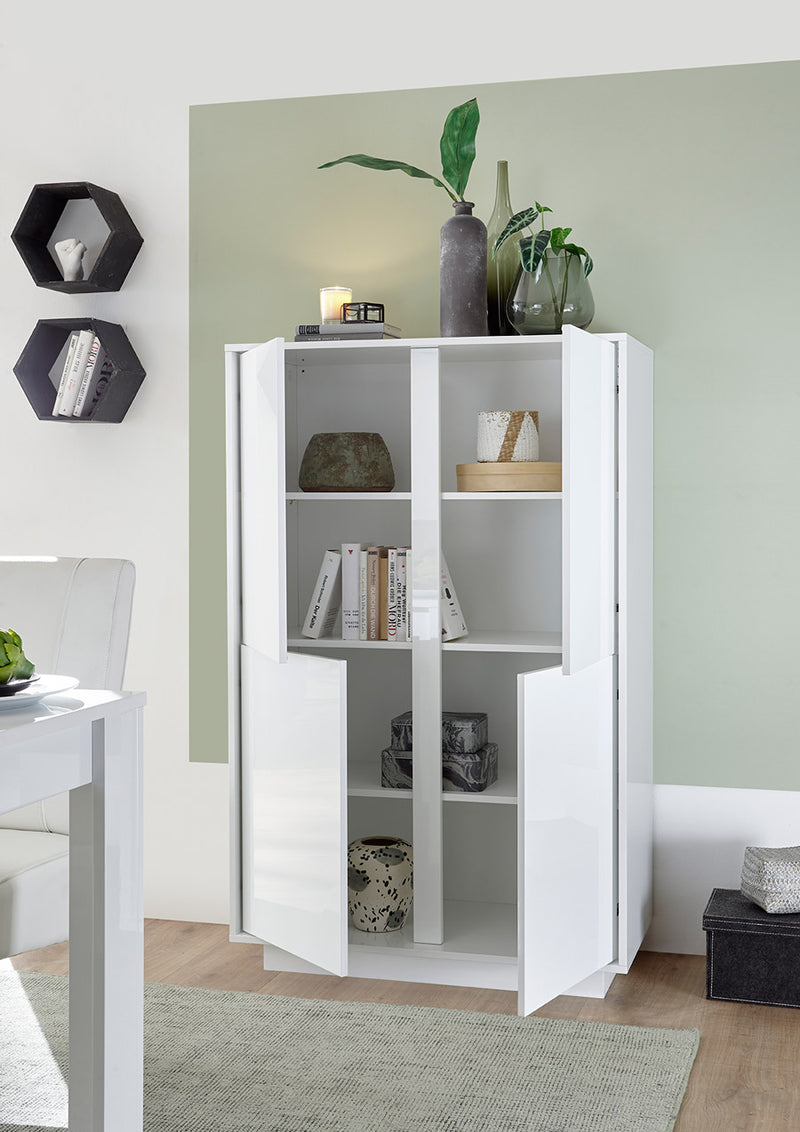 Denvir - Credenza 4 ante alta design moderno bianco lucido cm 92x43x145h