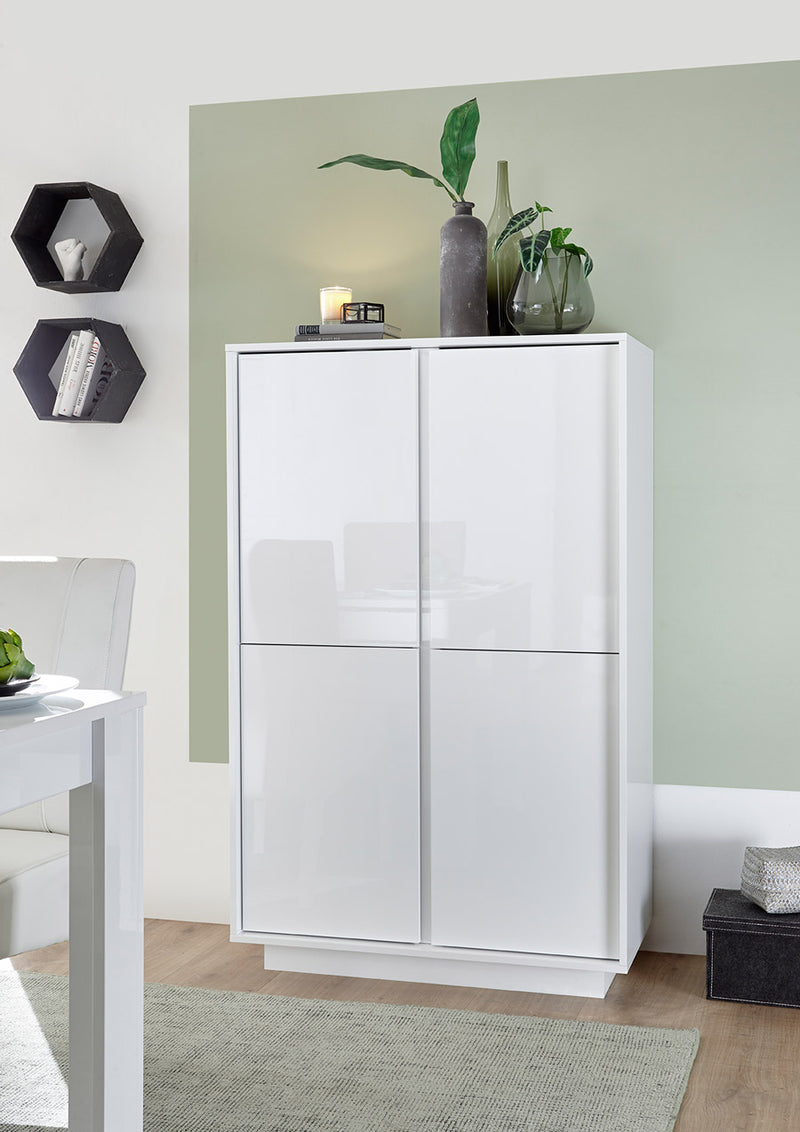 Denvir - Credenza 4 ante alta design moderno bianco lucido cm 92x43x145h