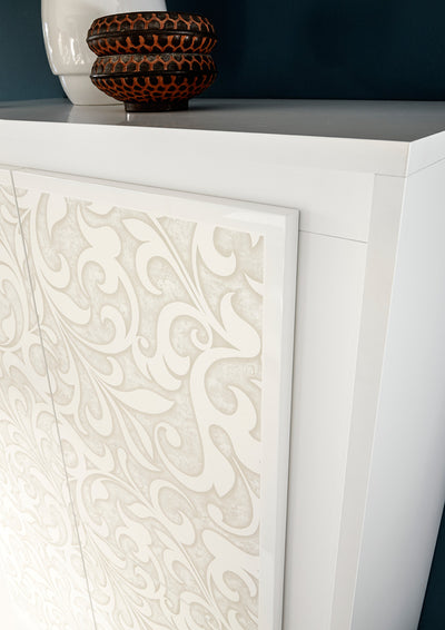 Aitana - Credenza moderna alta 4 ante bianco opaco serigrafia floreale cm 106x50x146h