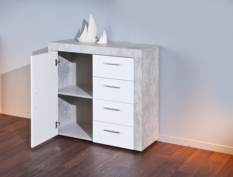 Celide - Credenza cassettiera moderna bianco ed effetto marmo cm 94x40x86h