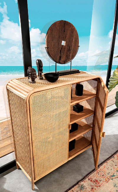 Credenza da soggiorno in rattan 2 ante 4 ripiani cm 120x45x132h