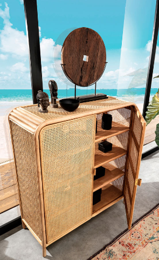 Credenza da soggiorno in rattan 2 ante 4 ripiani cm 120x45x132h