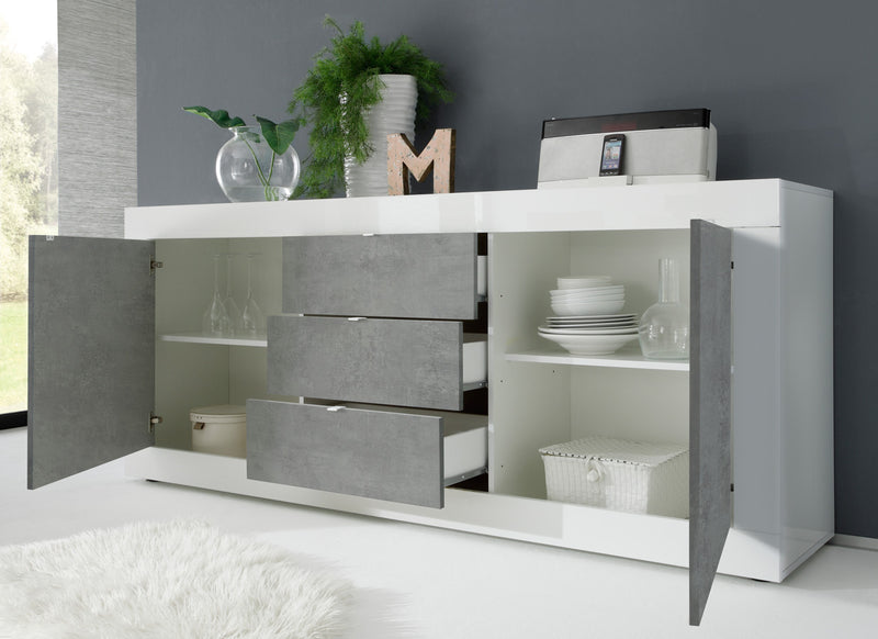 credenza ampia cm 210 con cassetti e ante bianco lucido ecemento
