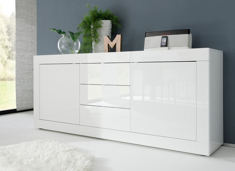 credenza ampia cm 210 con cassetti e ante bianco lucido