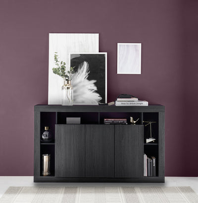 credenza madia moderna 3 ante con vani a giorno in legno nero frassinato