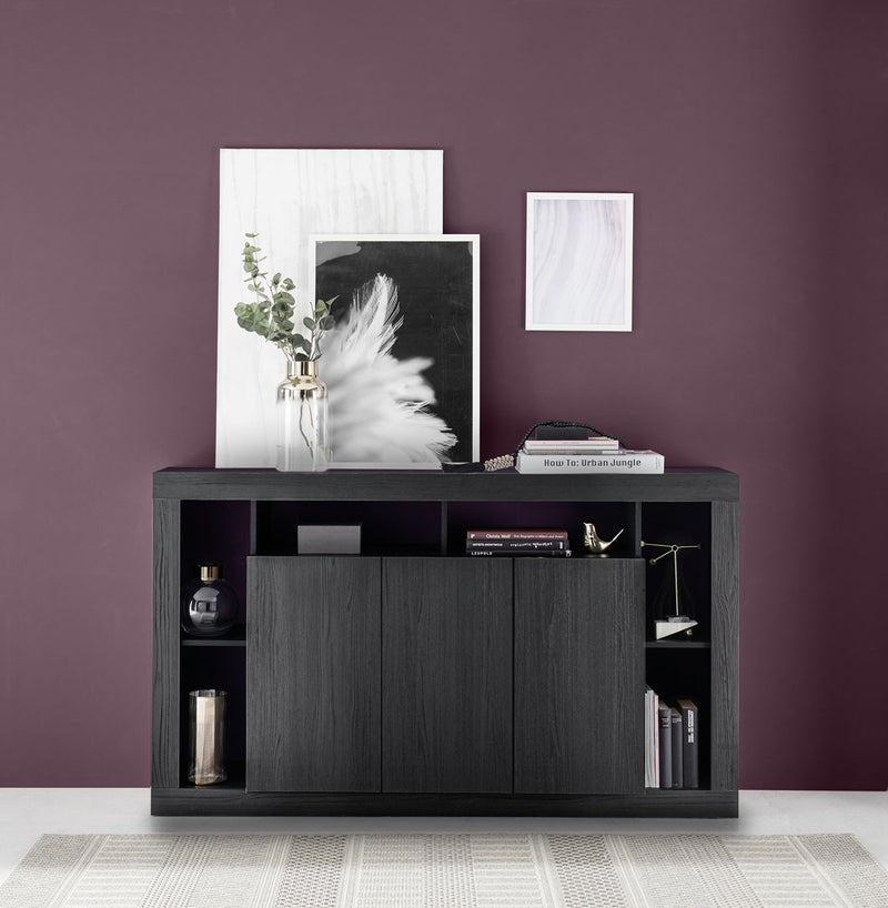 credenza madia moderna 3 ante con vani a giorno in legno nero frassinato