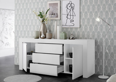 credenza cassetti centrali e 2 ante in legno bianco opaco