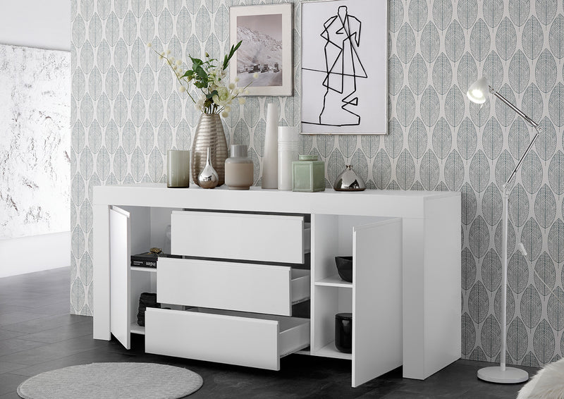 credenza cassetti centrali e 2 ante in legno bianco opaco