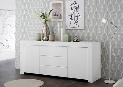 credenza cassetti centrali e 2 ante in legno bianco opaco