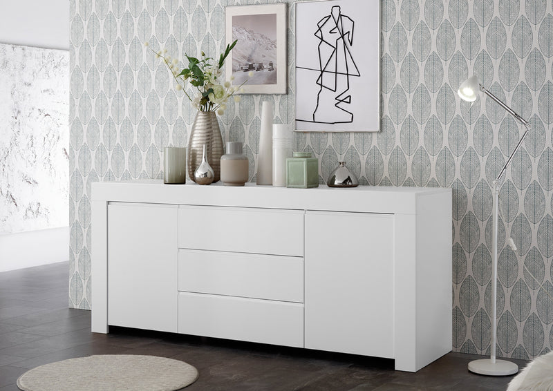 credenza cassetti centrali e 2 ante in legno bianco opaco
