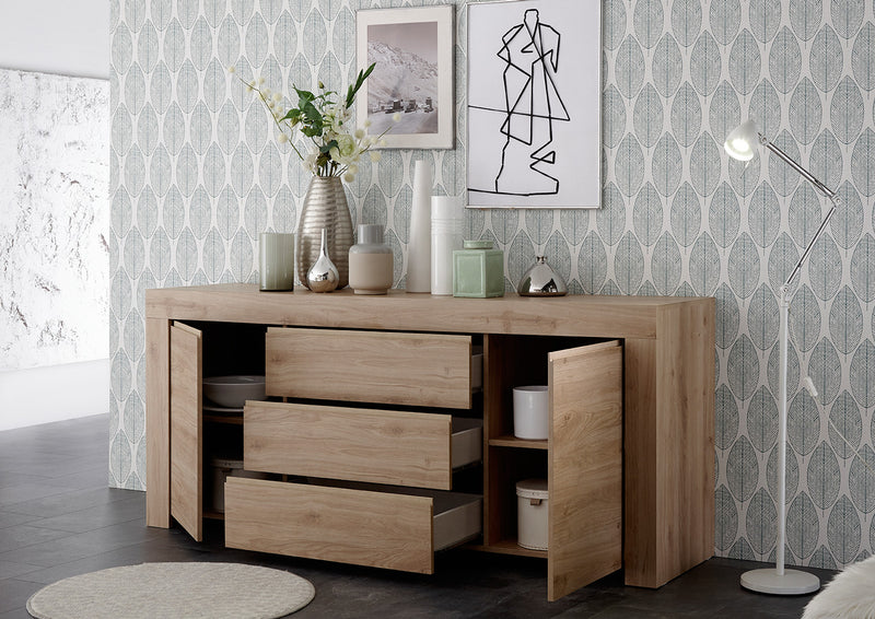 credenza cassetti centrali e 2 ante in legno bianco rovere