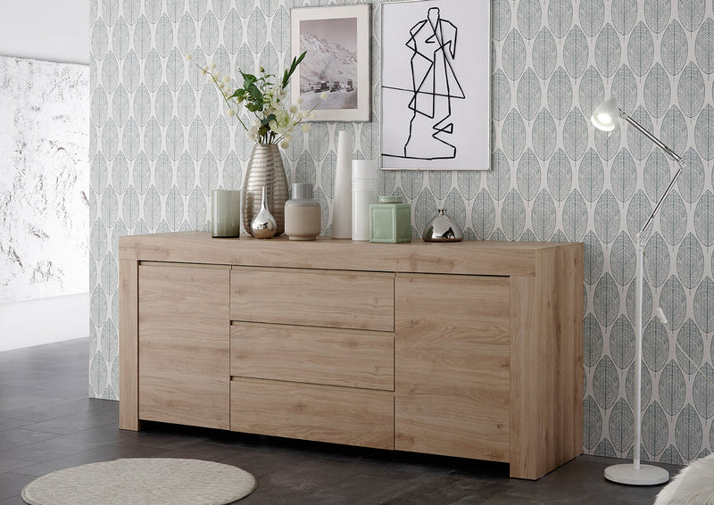 credenza cassetti centrali e 2 ante in legno bianco rovere