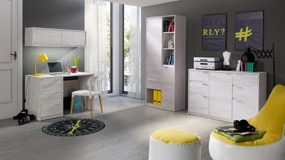 mobile libreria da salotto in legno vani a giorno e due ante in legno oak white