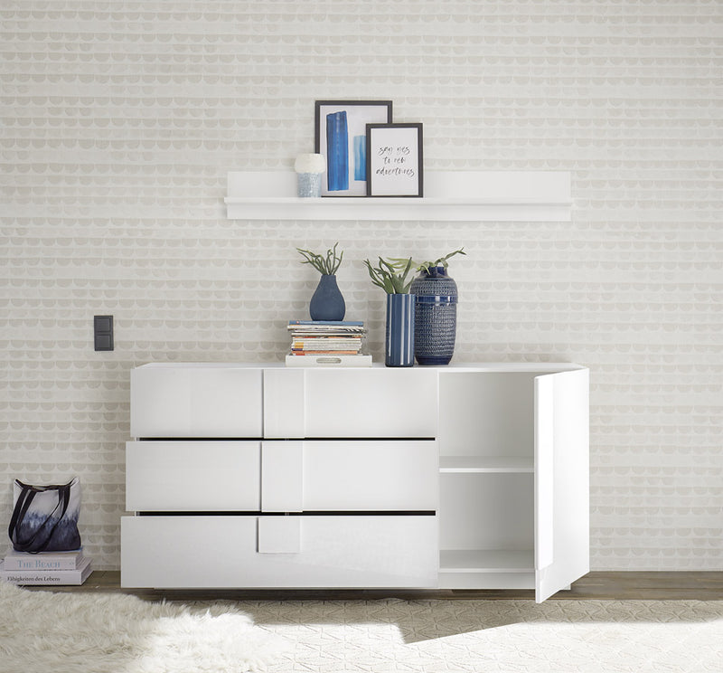 Chiarelle - Credenza design con 3 cassetti e anta in legno bianco lucido cm 182x44x90h