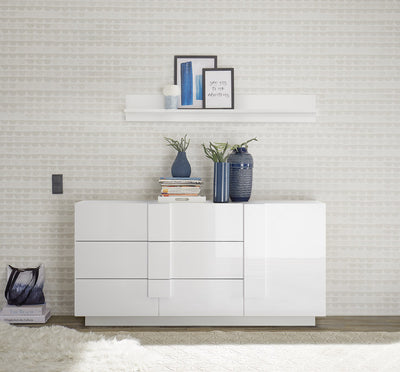 Chiarelle - Credenza design con 3 cassetti e anta in legno bianco lucido cm 182x44x90h