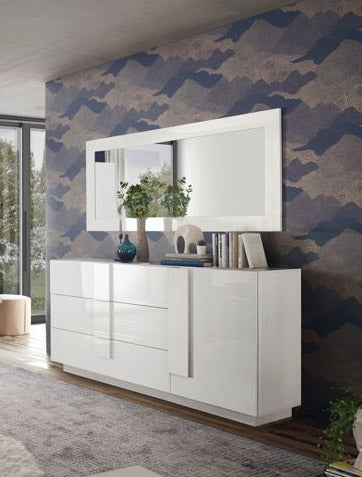 Chiarelle - Credenza design con 3 cassetti e anta in legno bianco lucido cm 182x44x90h