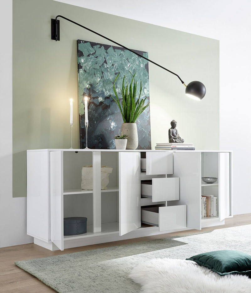 Varm - Credenza design con ante e cassetti bianco lucido cm 210x43x79h