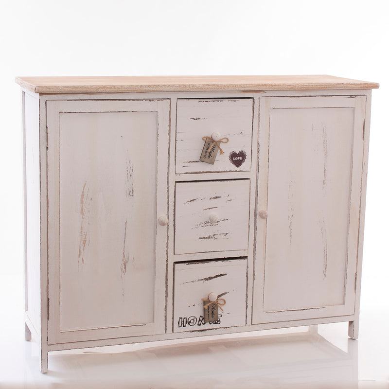 Credenza con due ante e 3 cassetti in legno decapato bianco stile shabby cm 90x30x70h