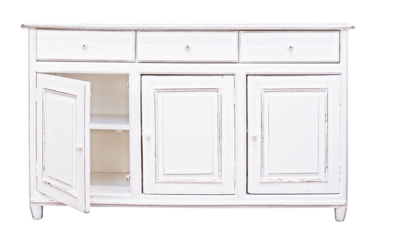 Credenza in legno massiccio con 3 ante e 3 cassetti colore bianco stile classico cm 150x45x90h