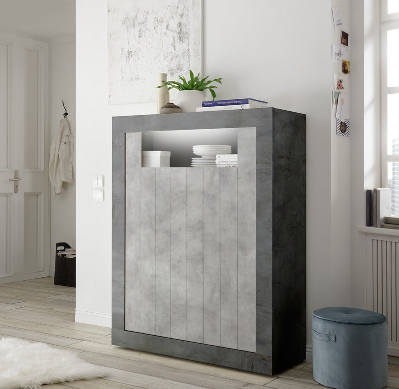 Frenide - Mobile salotto credenza alta 2 ante cemento e ossido cm 110x42x144h