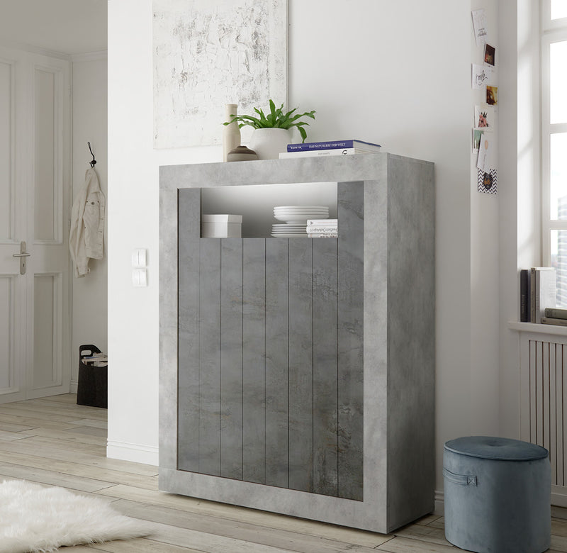 Frenide - Mobile salotto credenza alta 2 ante cemento e ossido cm 110x42x144h